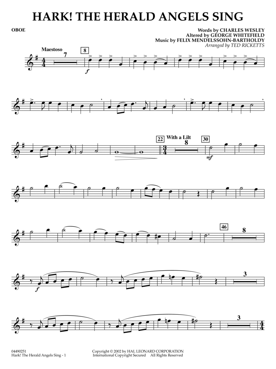 Hark! The Herald Angels Sing (arr. Ted Ricketts) - Oboe Full Orchestra scores gallery preview page 1