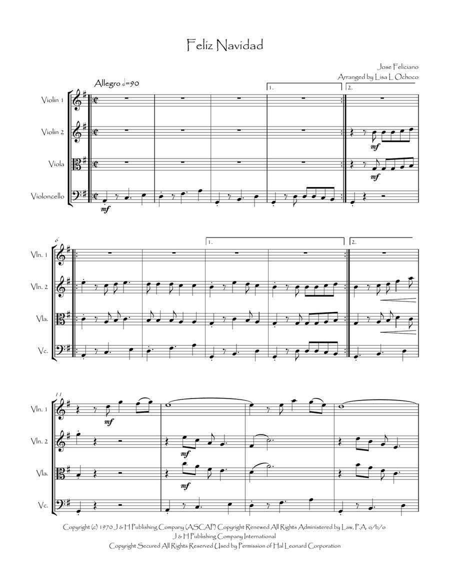 Feliz Navidad String Quartet scores gallery preview page 5