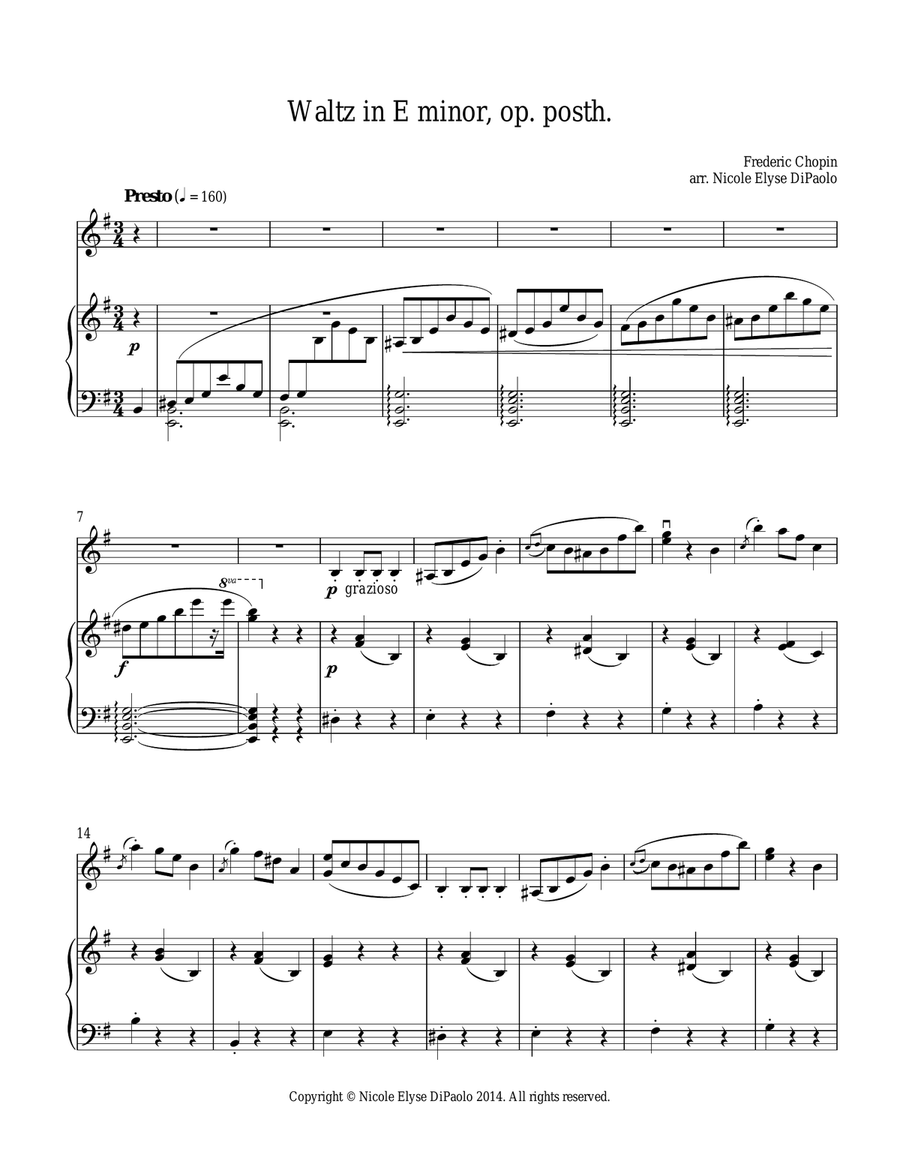 Chopin - Waltz in E minor op. posth. arr. for Piano and Violin, B.56 KK IVa/15 Violin Solo scores gallery preview page 1