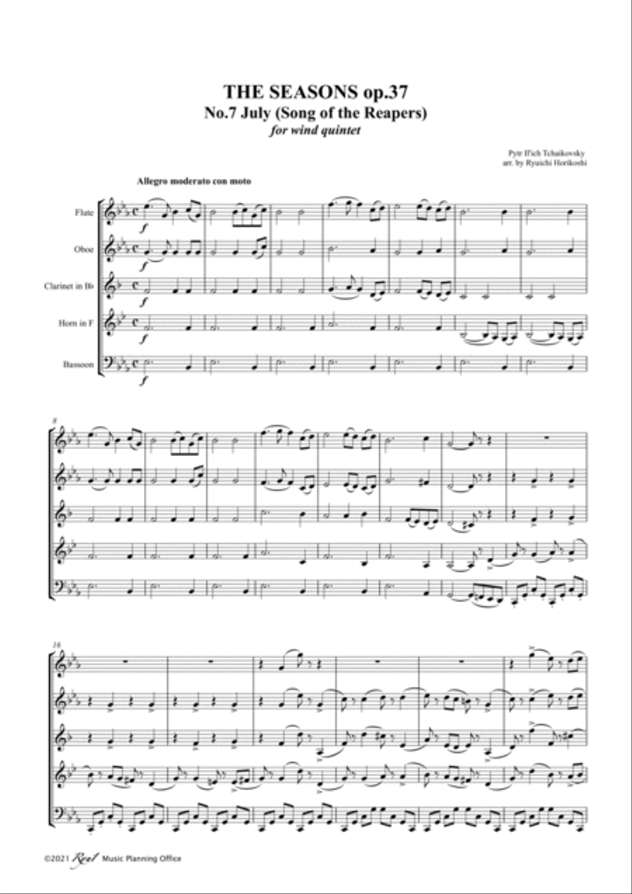 Tchaikovsky: The Seasons Op37 No.7 July (Song of the Reapers) Woodwind Quintet scores gallery preview page 3