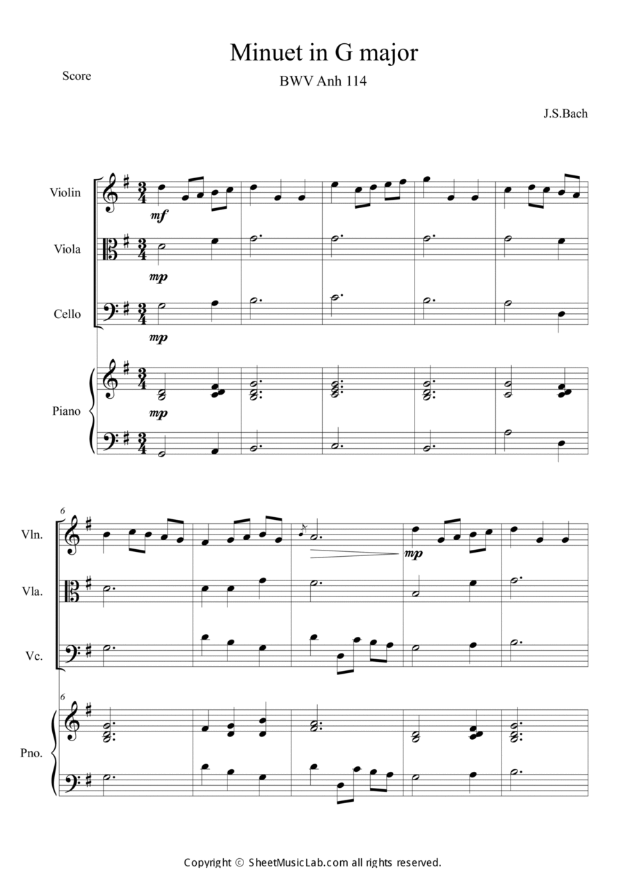 Minuet in G major Minuet in G major Piano Quartet scores gallery preview page 1