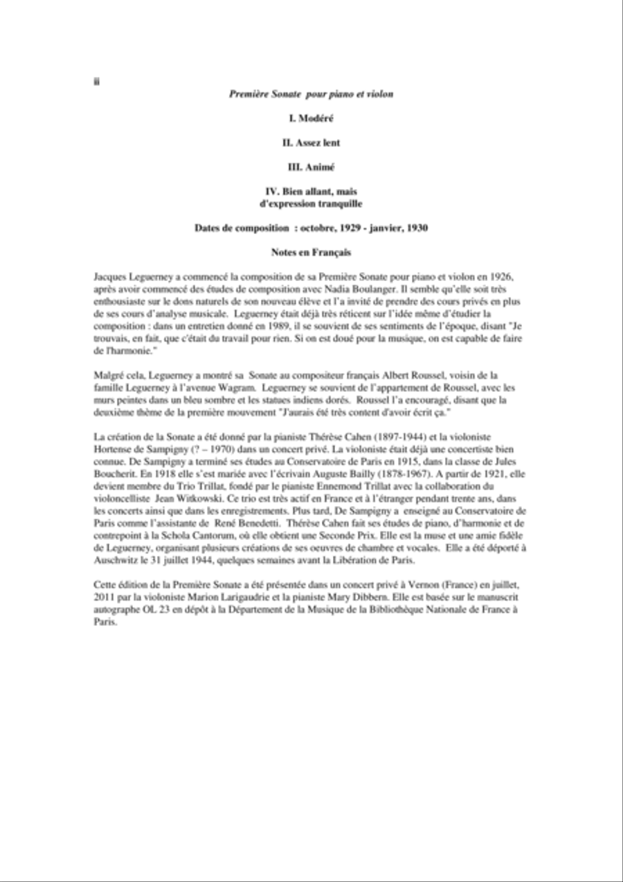 Jacques Leguerney: Première Sonate for piano and violin Violin Solo scores gallery preview page 2