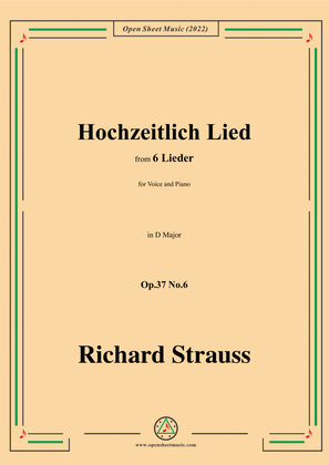 Book cover for Richard Strauss-Hochzeitlich Lied,in D Major,Op.37 No.6