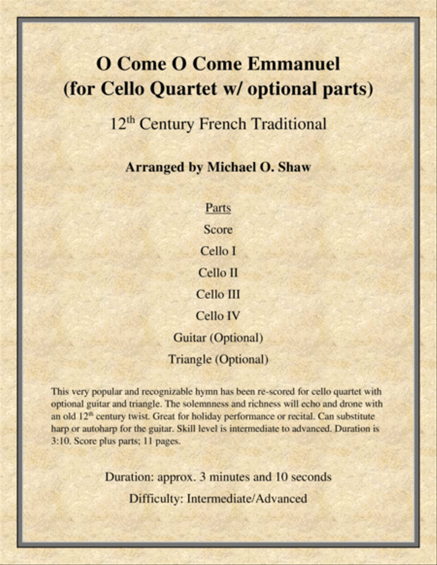 O Come O Come Emmanuel for Cello Quartet String Quartet scores gallery preview page 1
