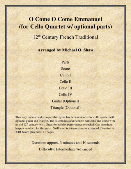 O Come O Come Emmanuel for Cello Quartet image number null