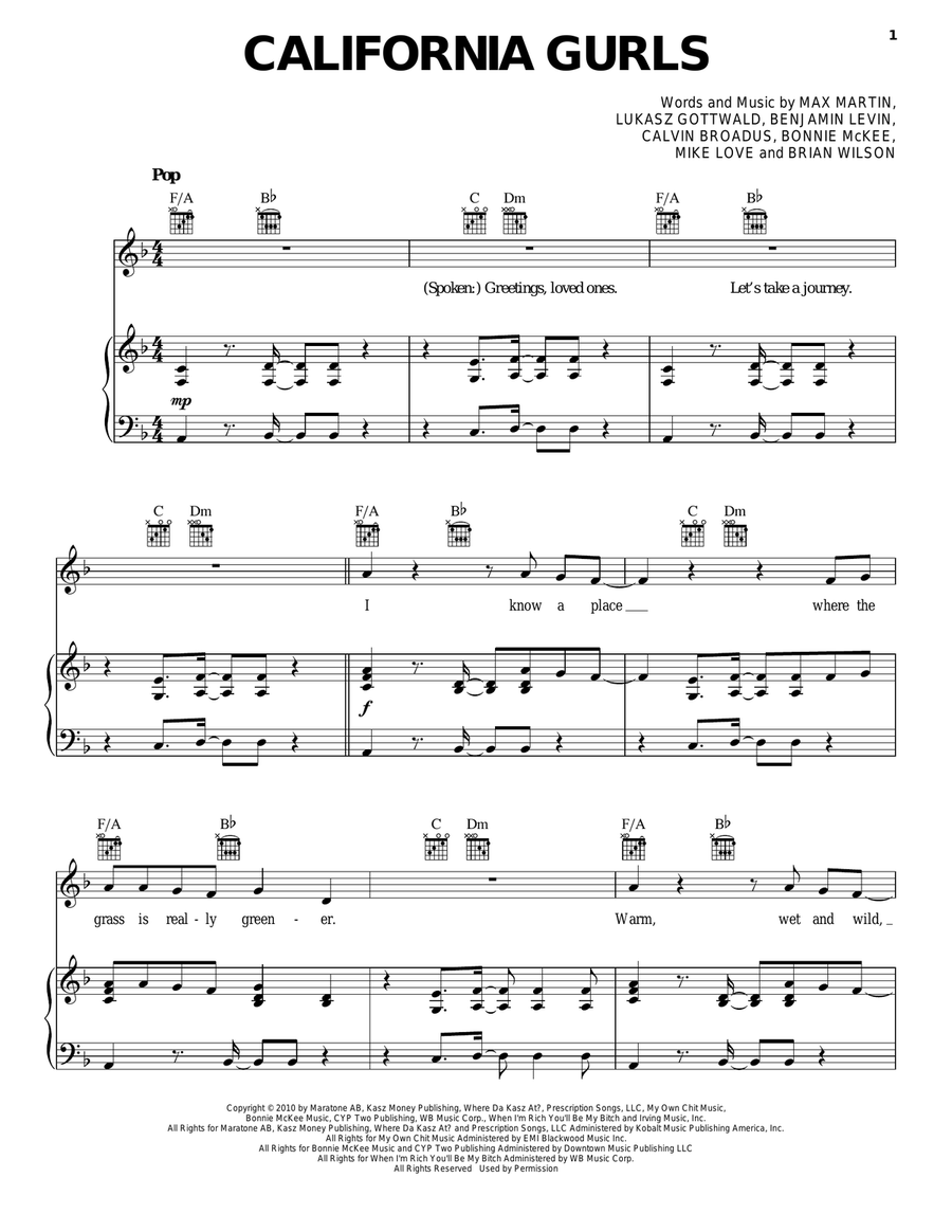 California Gurls Piano, Vocal, Guitar scores gallery preview page 1