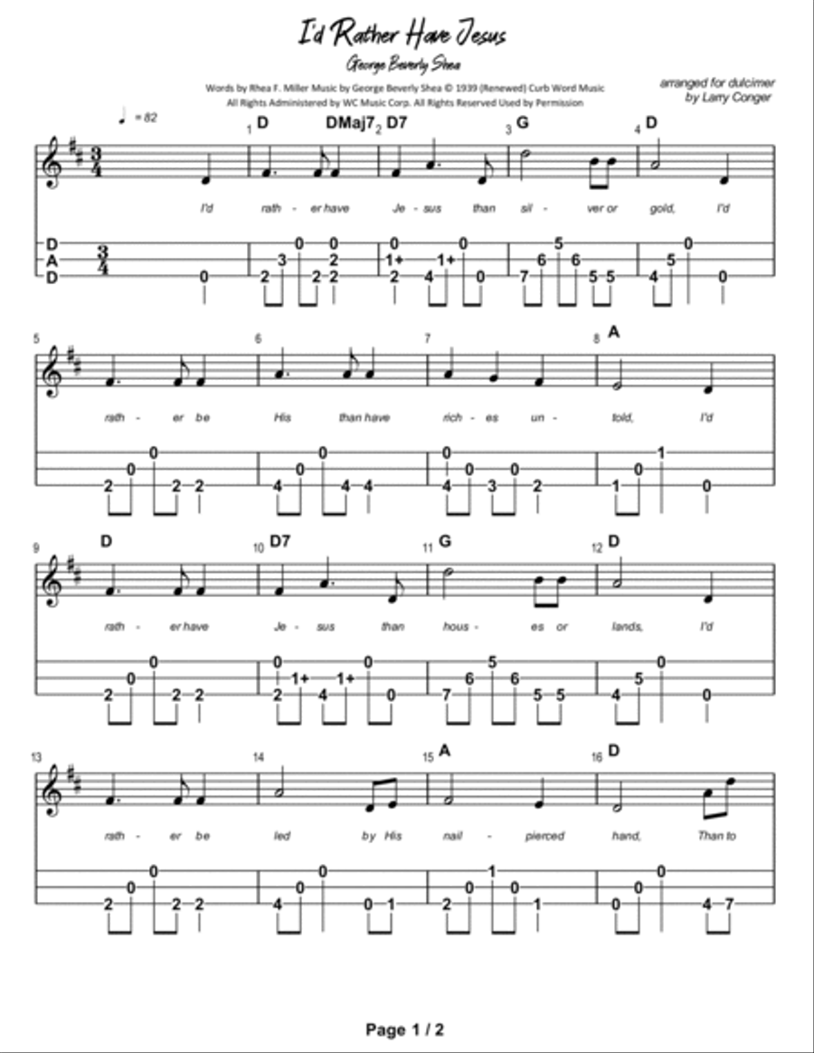 I'd Rather Have Jesus Dulcimer scores gallery preview page 2