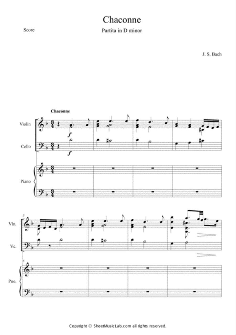 Chaconne from Partita in D Minor BWV 1004 Piano Trio scores gallery preview page 1