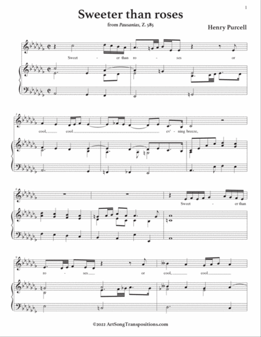PURCELL: Sweeter than roses (transposed to A-flat minor) Voice scores gallery preview page 2