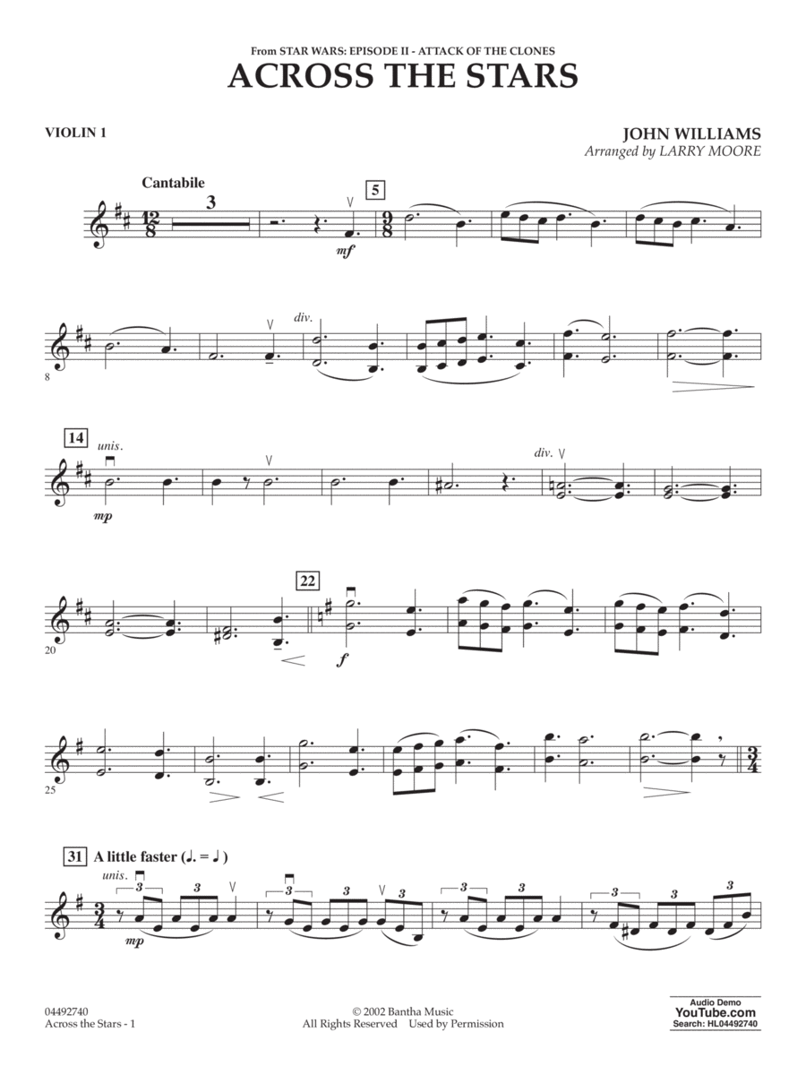 Across The Stars (from Star Wars: Attack of the Clones) (arr. Moore) - Violin 1 String Orchestra scores gallery preview page 1