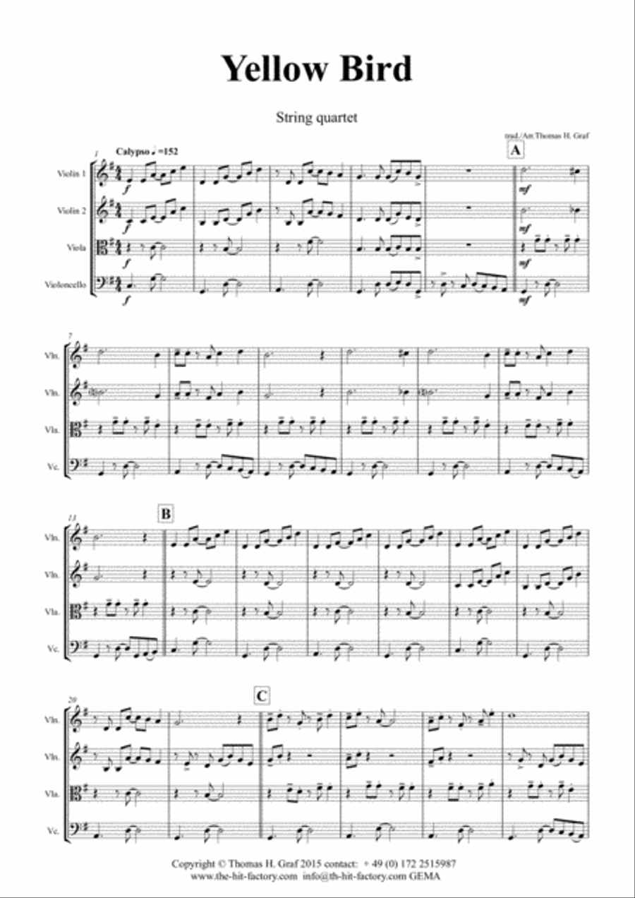 Yellow Bird - Haitian Folk Song - Calypso - String Quartet String Quartet scores gallery preview page 2