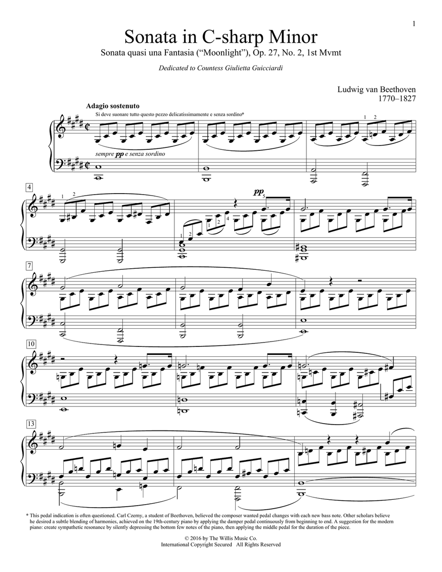 Sonata In C-Sharp Minor, Sonata quasi una Fantasia (Moonlight), Op. 27, No. 2, 1st Mvmt Piano Method scores gallery preview page 1