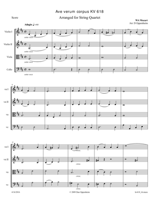 Mozart: Ave verum corpus (KV 618) arranged for String Quartet