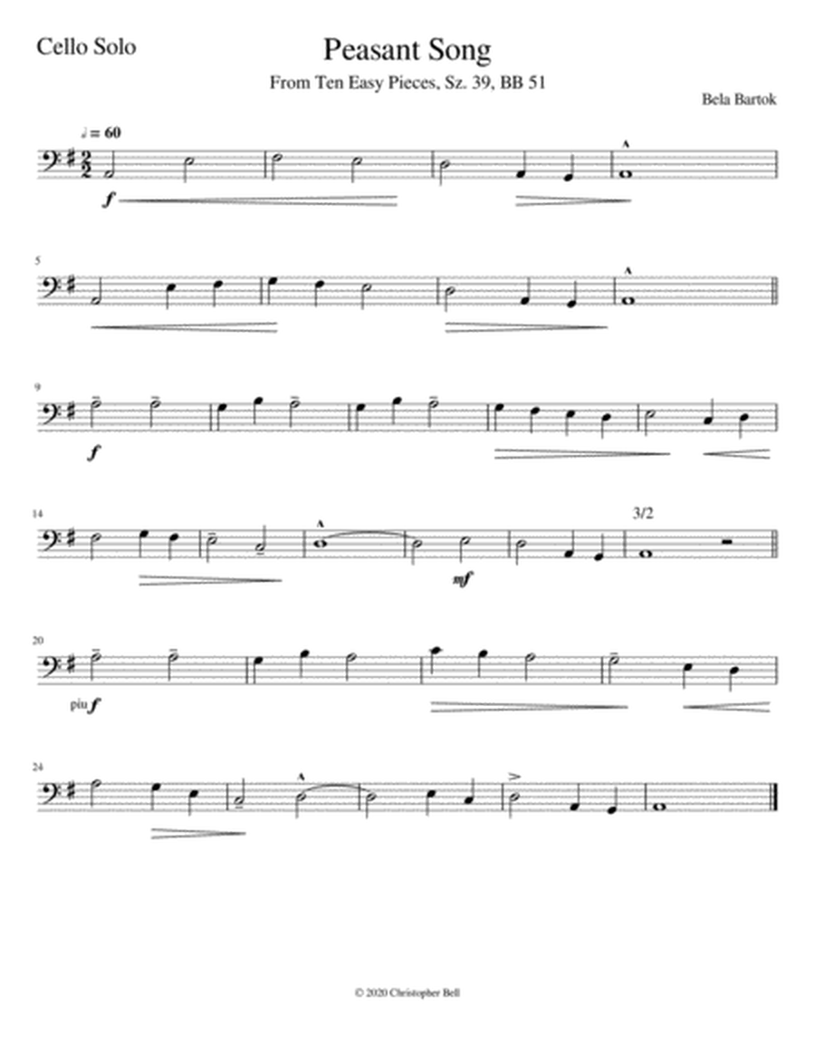 Bela Bartok - Peasant Song - Cello Solo