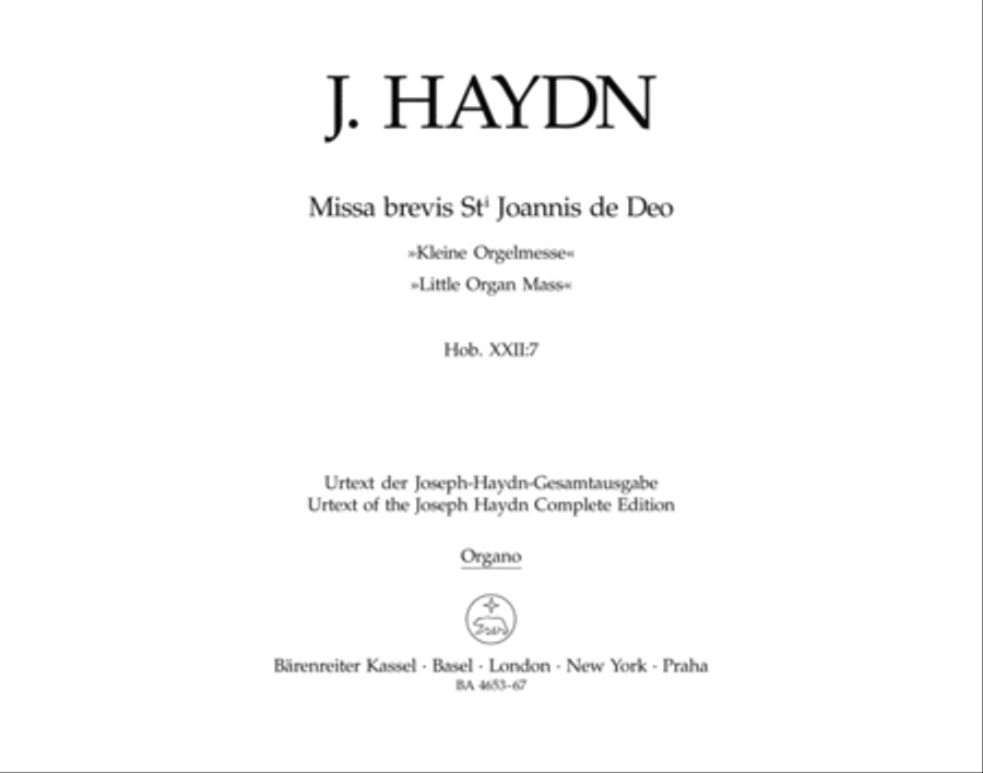 Missa brevis Sancti Joannis de Deo Hob.XXII:7 'Little Organ Mass' by Franz Joseph Haydn Organ - Sheet Music