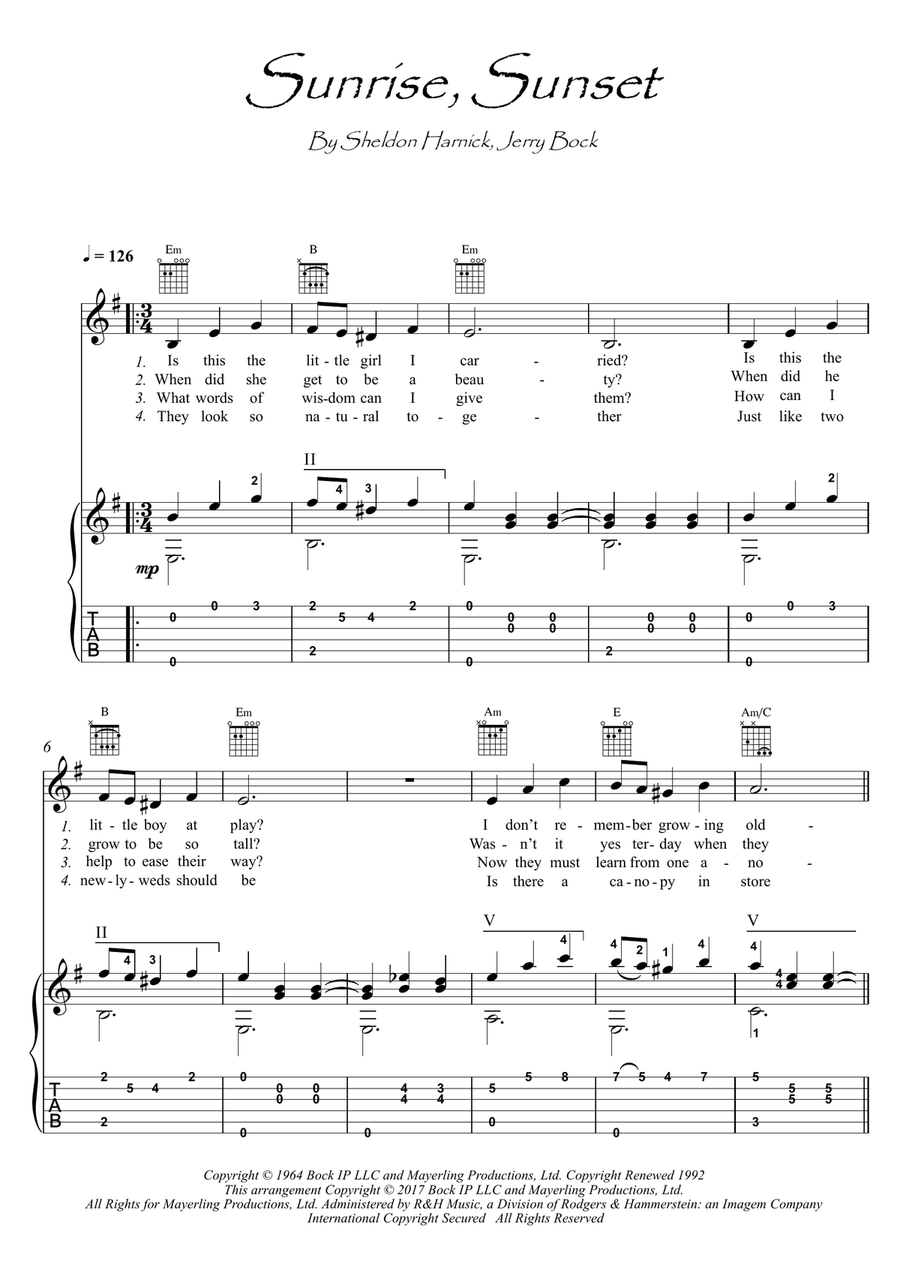 Sunrise, Sunset Guitar Tablature scores gallery preview page 1