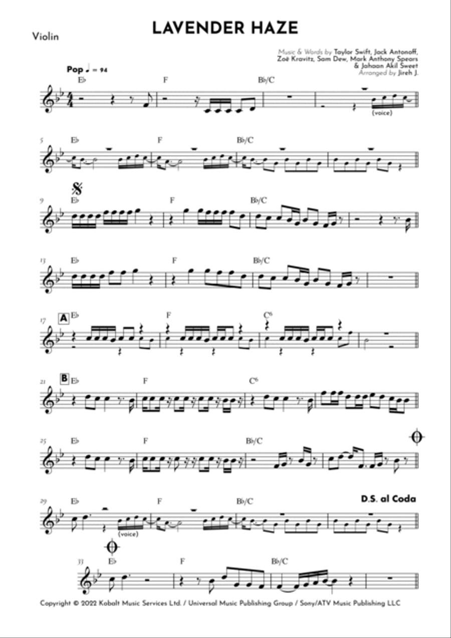 Lavender Haze Violin Solo scores gallery preview page 2
