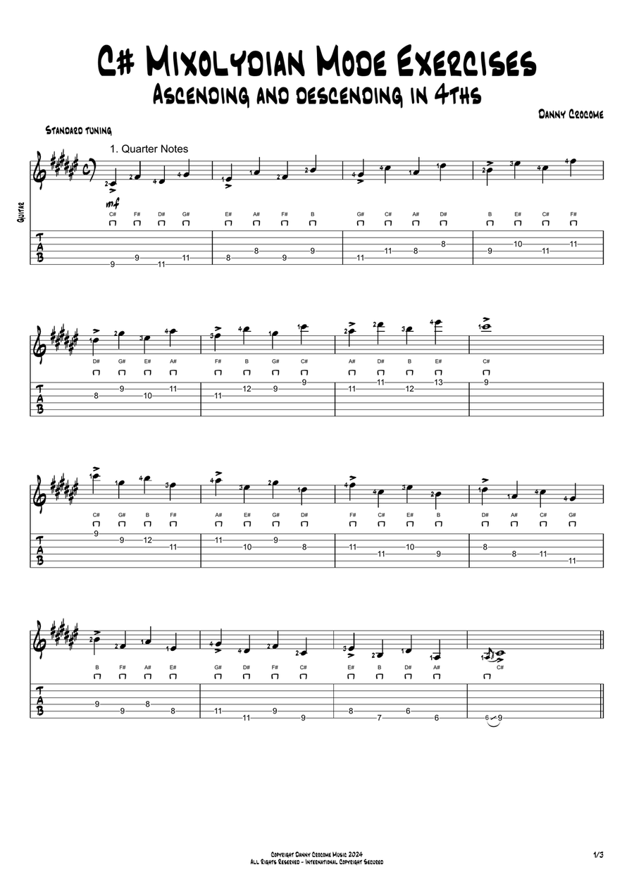 C# Mixolydian Mode Exercises - Ascending and Descending in 4ths Acoustic Guitar scores gallery preview page 1