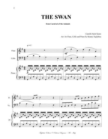 THE SWAN - LE CYGNE - Saint Saens - For Flute, Cello (or any instr. in C: Sopr. and Bass) and Piano image number null