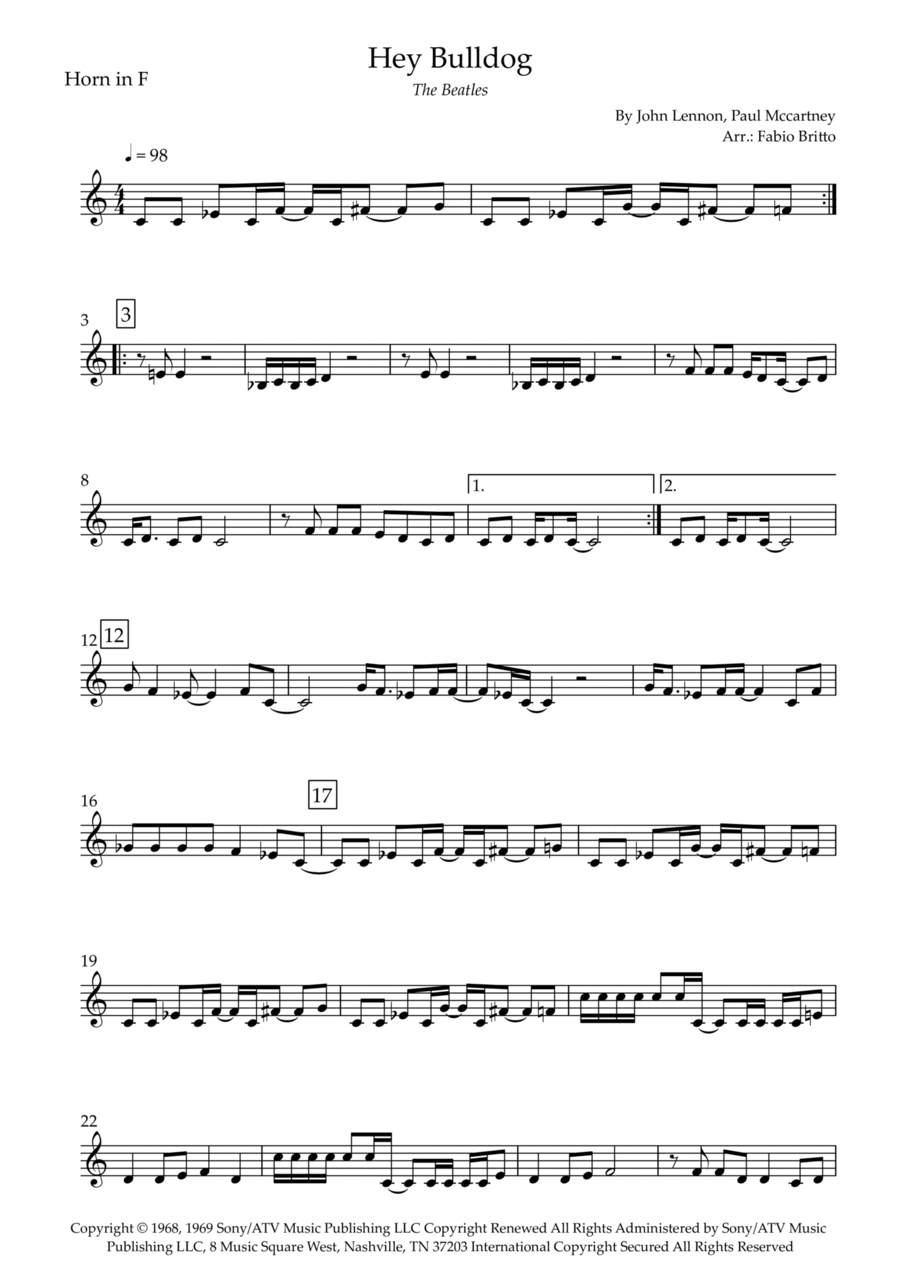 Hey Bulldog Hey Bulldog Horn Solo scores gallery preview page 1