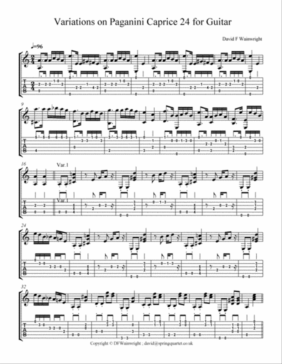 Variations on Paganini Caprice 24 for Guitar with staff notation & tab Classical Guitar scores gallery preview page 2