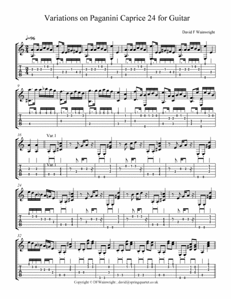 Variations on Paganini Caprice 24 for Guitar with staff notation & tab image number null