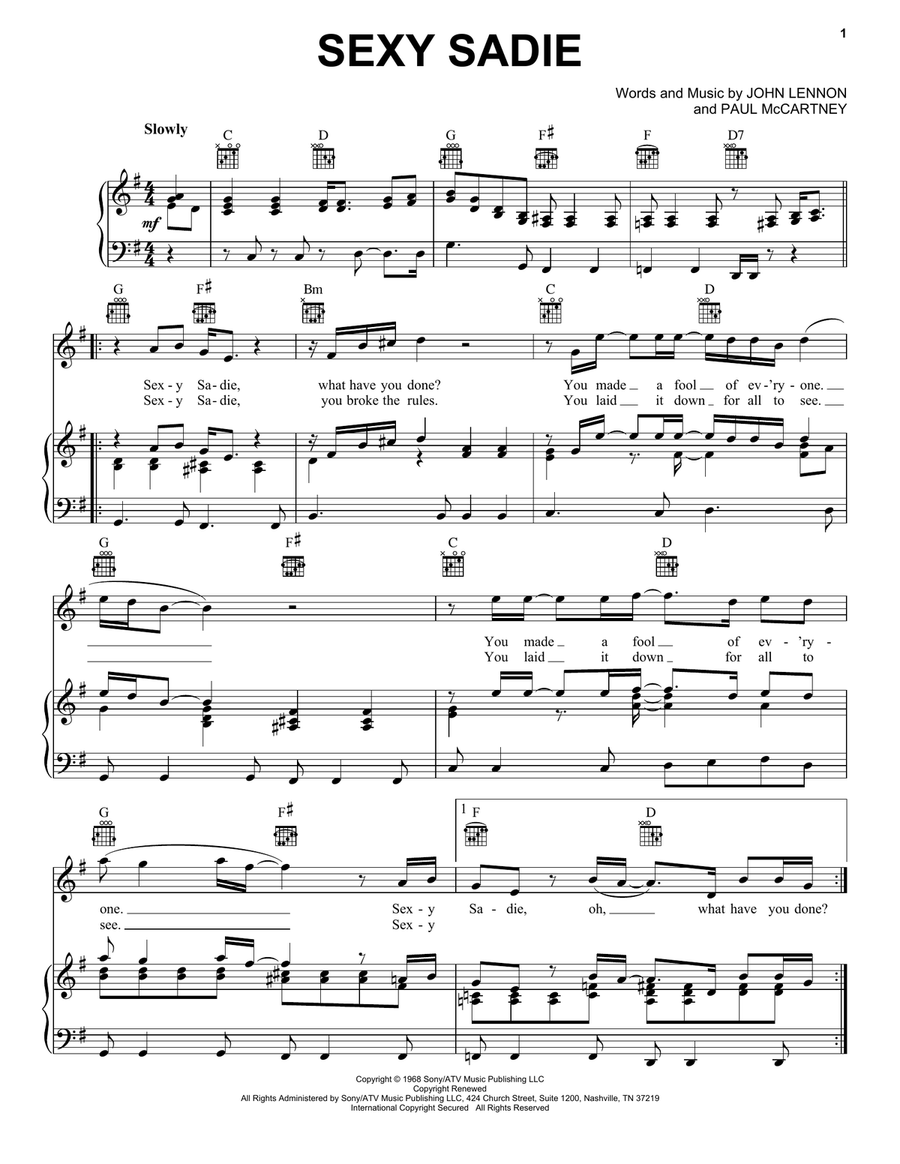 Sexy Sadie Piano, Vocal, Guitar scores gallery preview page 1