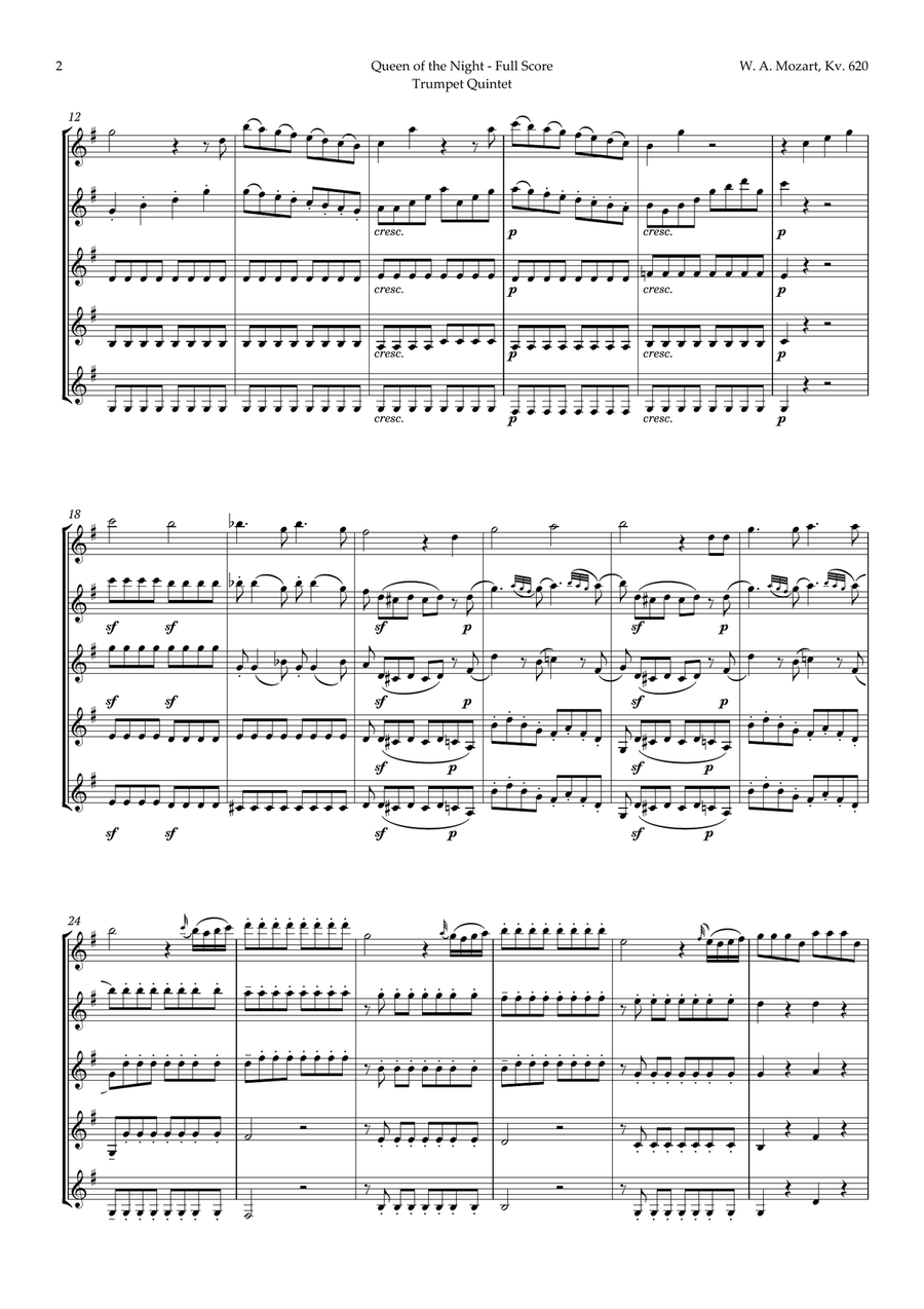 Queen of the Night Aria by Mozart for Trumpet Quintet Brass Quintet scores gallery preview page 2