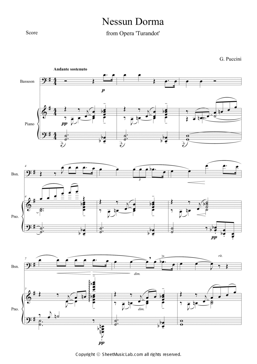 Nessun Dorma (Opera Turandot aria) Bassoon scores gallery preview page 1