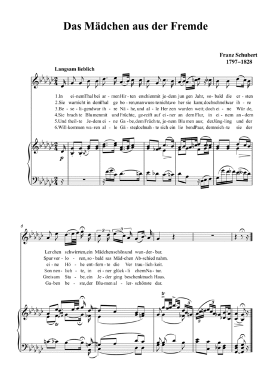 Schubert-Das Mädchen aus der Fremde in bG for Vocal and Piano Voice scores gallery preview page 2