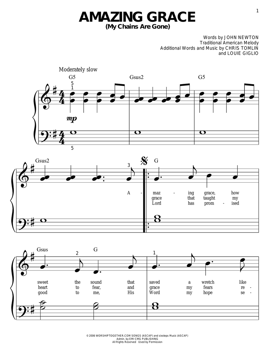 Amazing Grace (My Chains Are Gone) Easy Piano scores gallery preview page 1