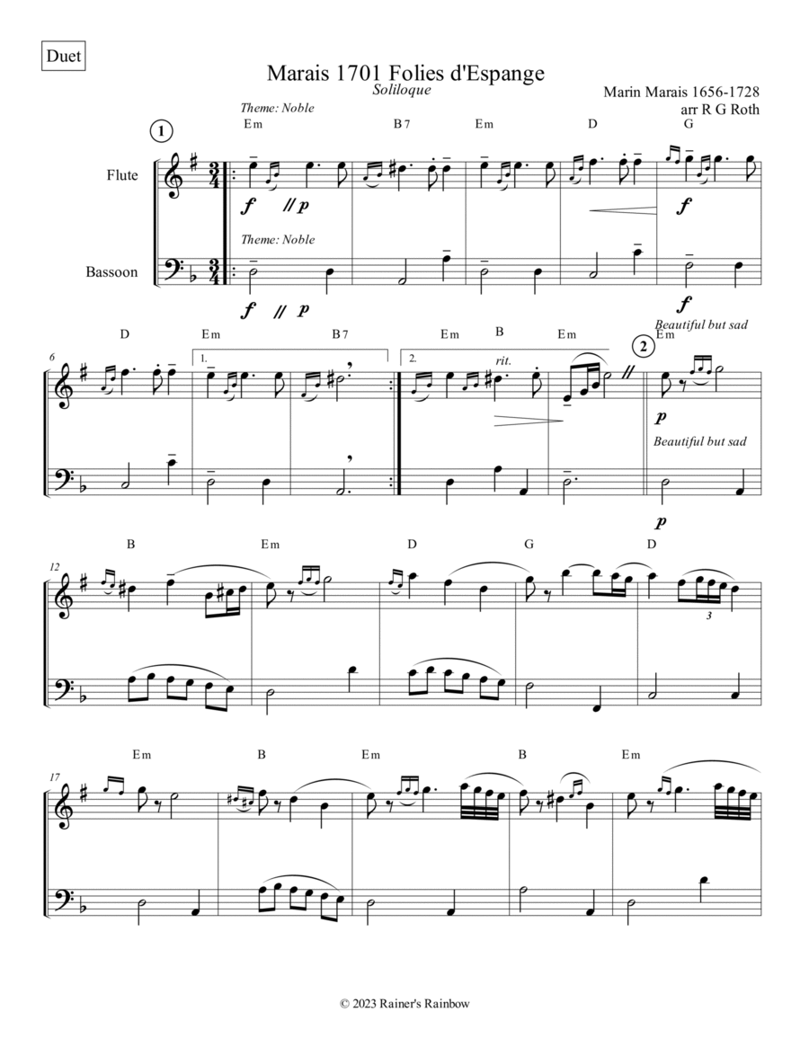 Marais 1701 Folies d'Espagne Flute and Bassoon Duet Score and Parts