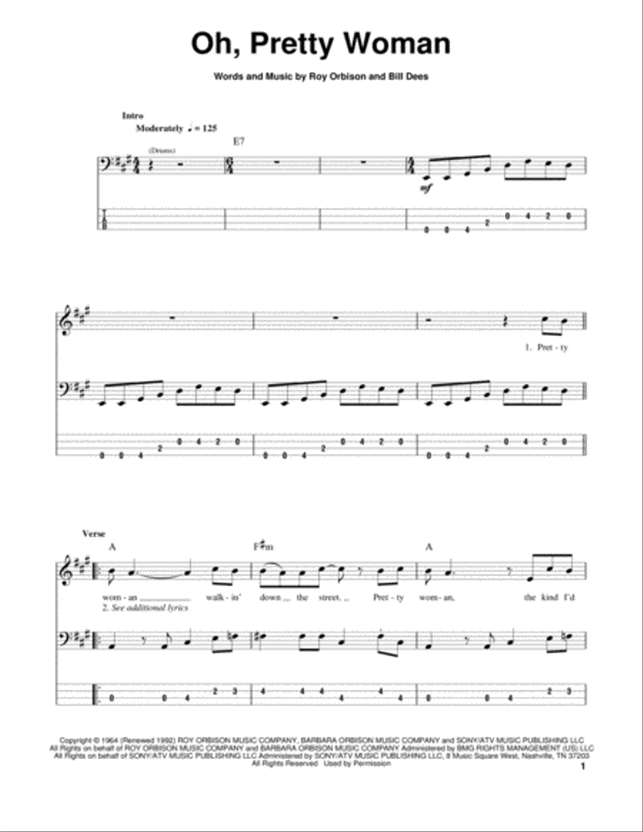 Oh, Pretty Woman Bass Guitar Tablature scores gallery preview page 1