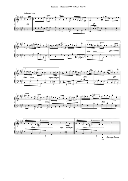 Telemann - 2 Fantasies in (A major, A minor) TWV 33 No.31-32 of 36 for Piano image number null