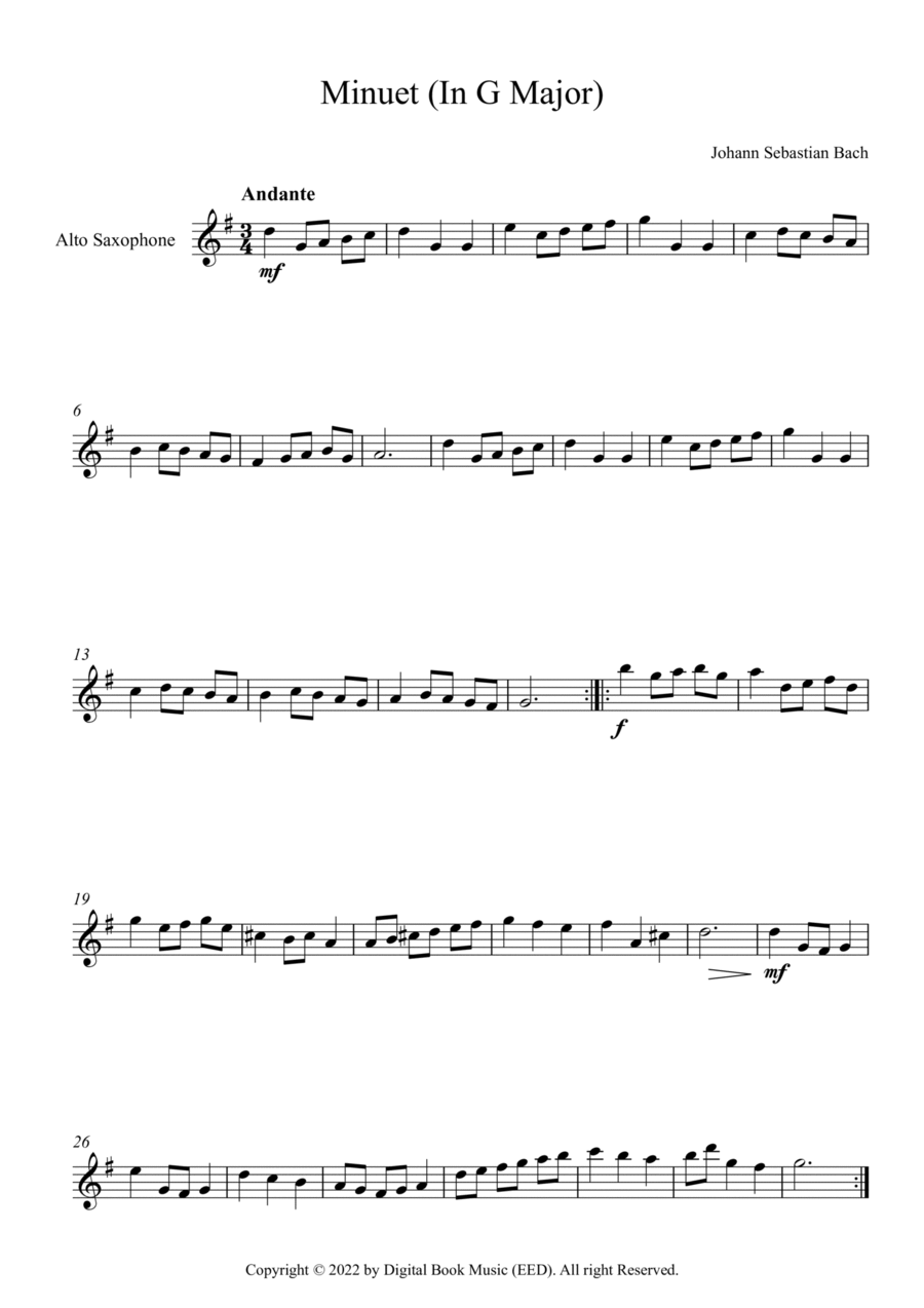 Minuet (In G Major) - Johann Sebastian Bach (Alto Sax) Alto Saxophone scores gallery preview page 1