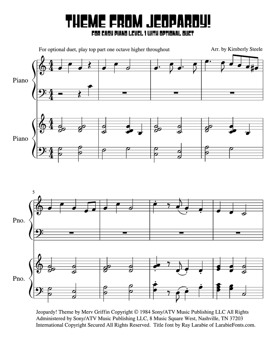 Jeopardy Theme Easy Piano scores gallery preview page 1