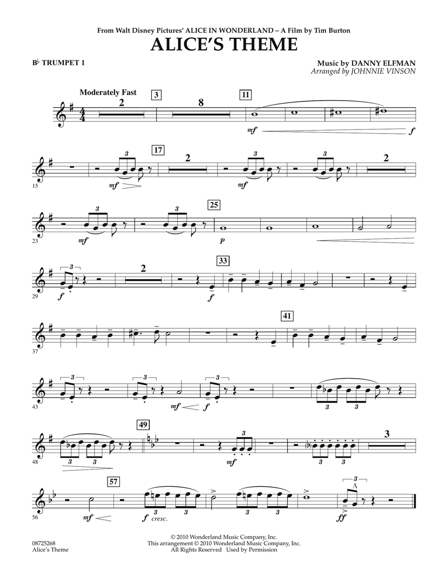 Alice's Theme (from Alice In Wonderland) - Bb Trumpet 1 Concert Band scores gallery preview page 1