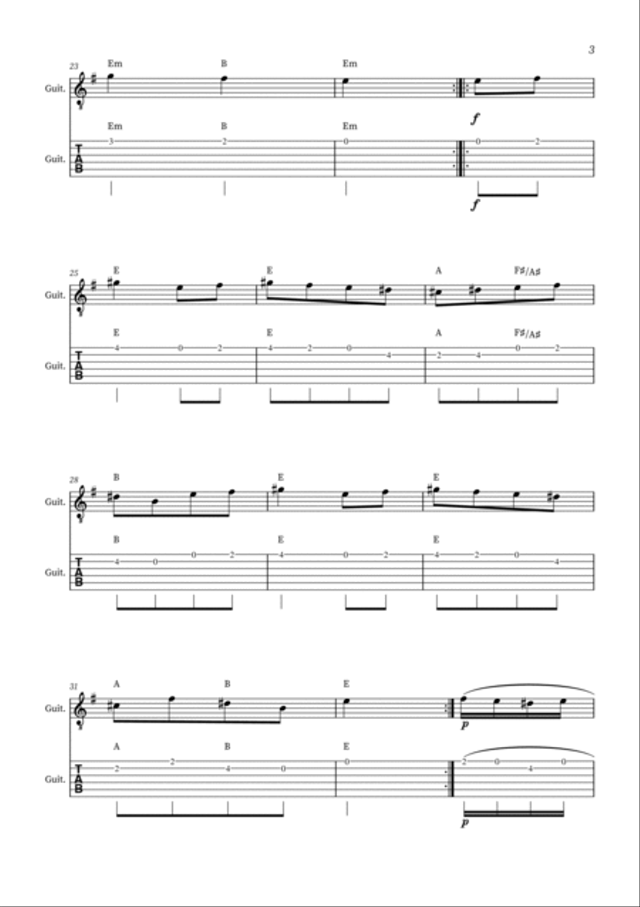 Turkish March - Acoustic Guitar (with tablature and chords) Chamber Music scores gallery preview page 3