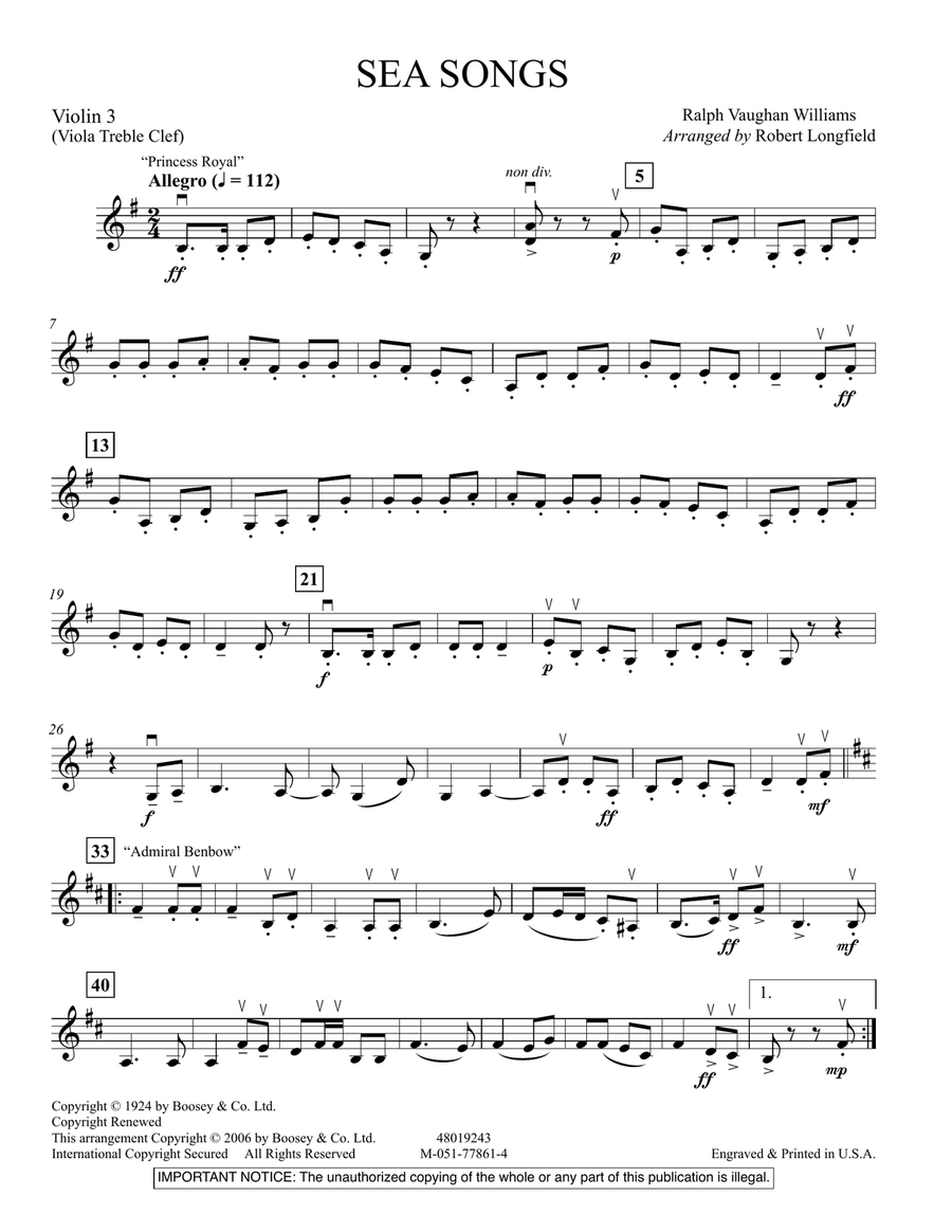 Sea Songs - Violin 3 (Viola Treble Clef) Orchestra scores gallery preview page 1
