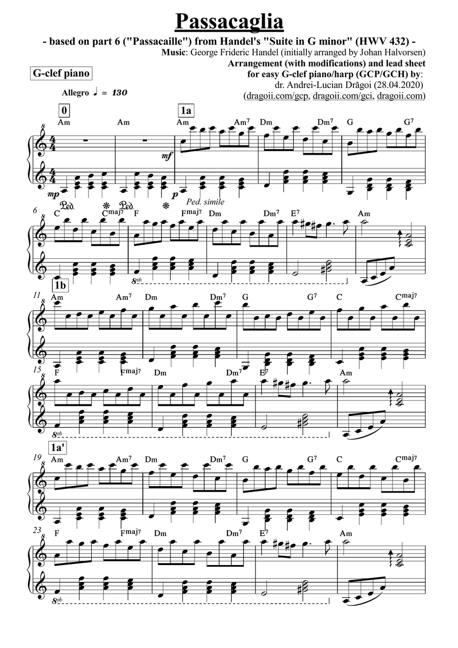 Handel-Halvorsen - Passacaglia - arrangement for easy G-clef piano/harp (GCP/GCH) including lead she Small Ensemble scores gallery preview page 1
