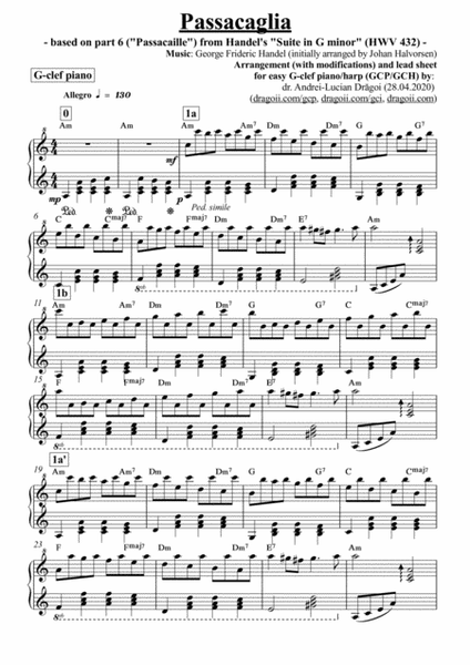 Handel-Halvorsen - Passacaglia - arrangement for easy G-clef piano/harp (GCP/GCH) including lead she image number null