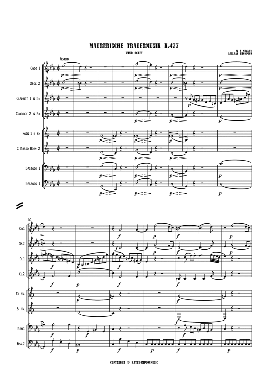 Mozart: Maurerische Trauermusik K.477 (Masonic Funeral Music) - wind octet (2 ob, 2 cl, 2 hn, 2 bsn) Bassoon scores gallery preview page 1