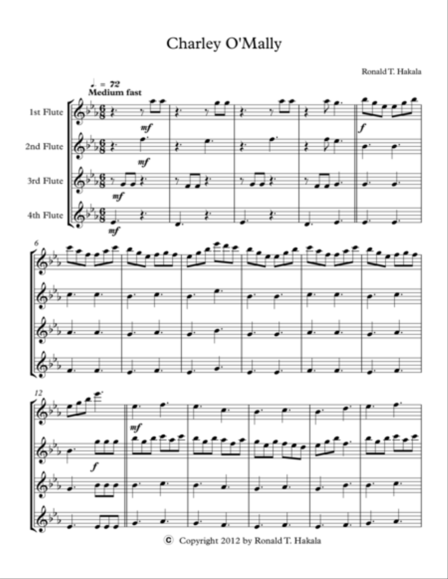 Charley O-Mally 4 Flutes - Score and Parts Flute Quartet - Digital Sheet Music