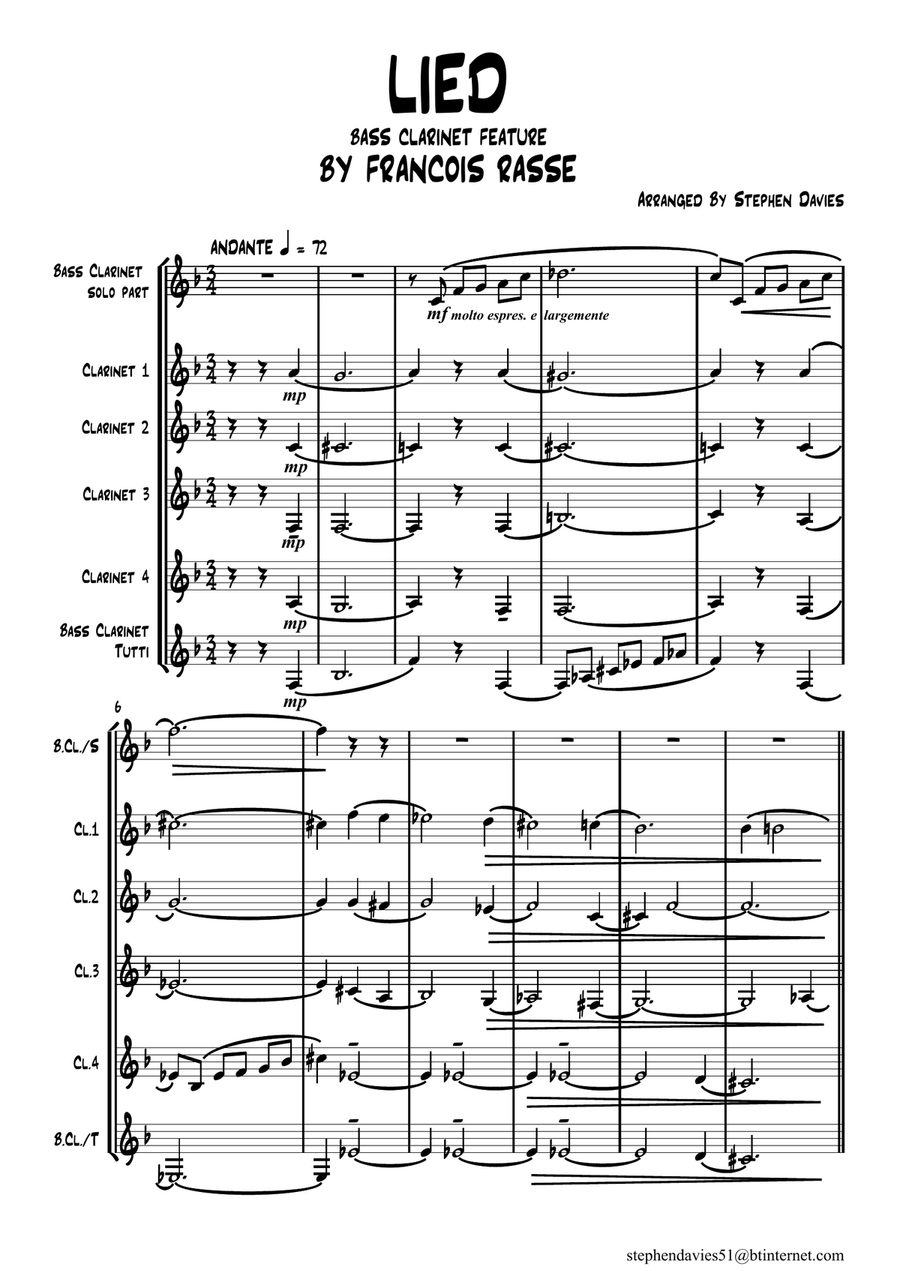 'Lied' (Song) By Francois Rasse for Solo Bass Clarinet & Clarinet Quintet Clarinet Quintet scores gallery preview page 1