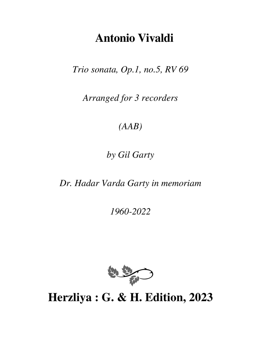 Trio sonata Op.1, no.5 RV 69 (Arrangement for 3 recorders (AAB))