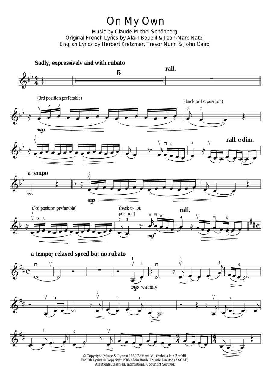 On My Own (from Les Miserables) Violin Solo scores gallery preview page 1
