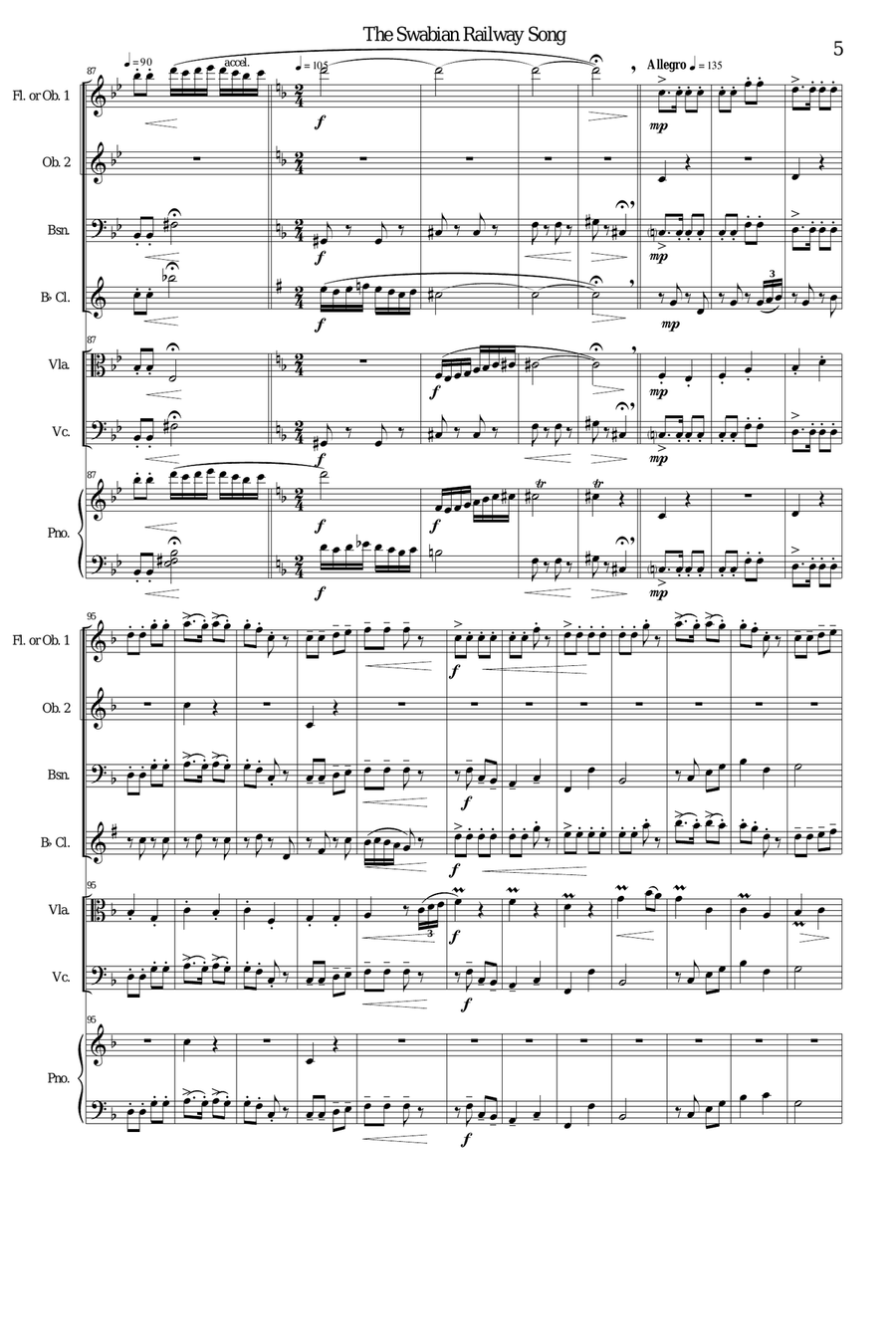 Railway Song (Auf de schwäb'sche Eisebahne) flute, oboe, clarinet, bassoon, viola, cello, piano Large Ensemble scores gallery preview page 5
