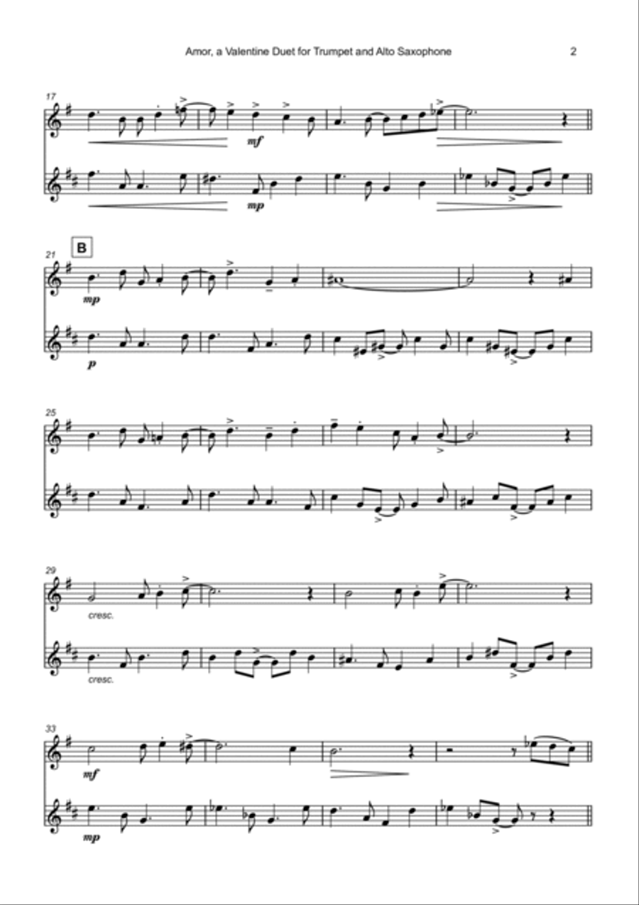 Amor, (Portuguese for Love), Trumpet and Alto Saxophone Duet Saxophone Duet scores gallery preview page 3
