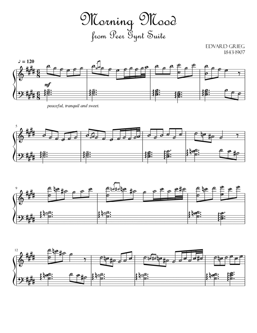 Morning Mood from The Peer Gynt Suite (Mendelssohn) Piano Solo for Intermediate with note names image number null