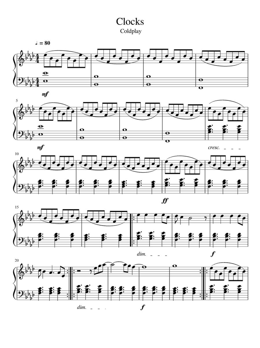 Clocks Easy Piano scores gallery preview page 1